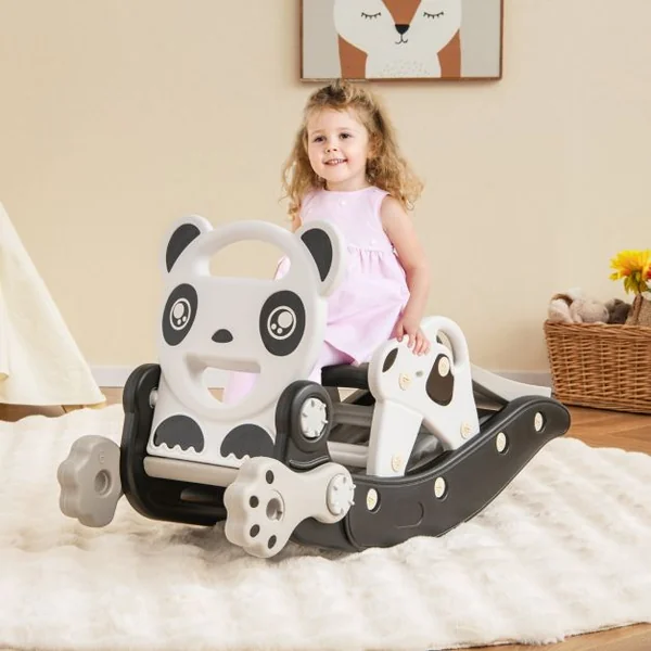 Toboggan Enfant 5 en 1 Cheval à Bascule Jeu de Basketball et Jeu de Lancer d'Anneau Chaise Amovible Motif Panda