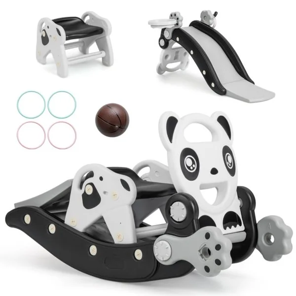 Toboggan Enfant 5 en 1 Cheval à Bascule Jeu de Basketball et Jeu de Lancer d'Anneau Chaise Amovible Motif Panda