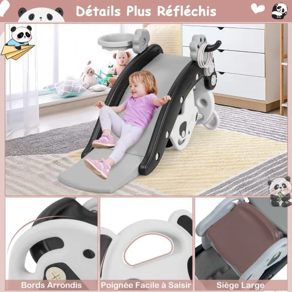 Toboggan Enfant 5 en 1 Cheval à Bascule Jeu de Basketball et Jeu de Lancer d'Anneau Chaise Amovible Motif Panda