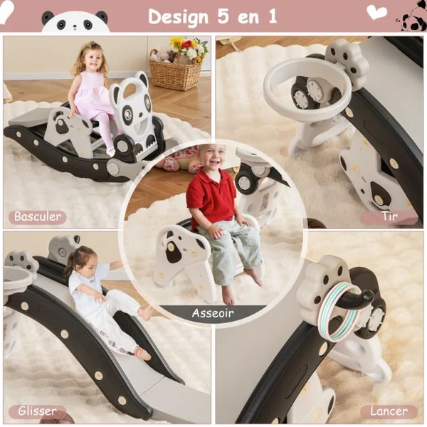 Toboggan Enfant 5 en 1 Cheval à Bascule Jeu de Basketball et Jeu de Lancer d'Anneau Chaise Amovible Motif Panda