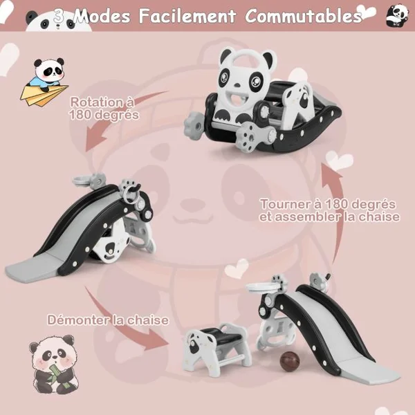 Toboggan Enfant 5 en 1 Cheval à Bascule Jeu de Basketball et Jeu de Lancer d'Anneau Chaise Amovible Motif Panda