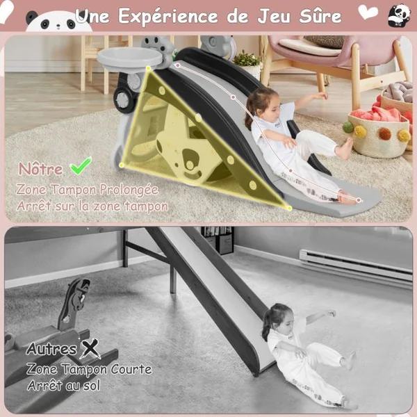 Toboggan Enfant 5 en 1 Cheval à Bascule Jeu de Basketball et Jeu de Lancer d'Anneau Chaise Amovible Motif Panda