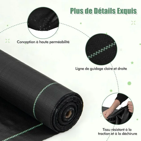 Toile de Paillage Contre les Mauvais Herbes 1M x 50M Tapis en Tissu Anti-mauvaises Herbes en PP avec Ligne de Guidage Claire et Droite Noir