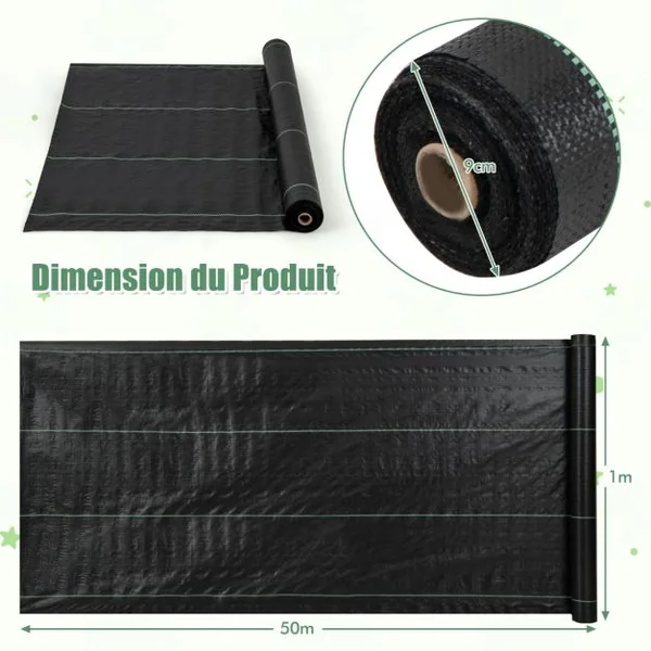 Toile de Paillage Contre les Mauvais Herbes 1Mx50M Tapis en Tissu Anti-mauvaises Herbes de Jardin en PP avec Ligne de Guidage Noir