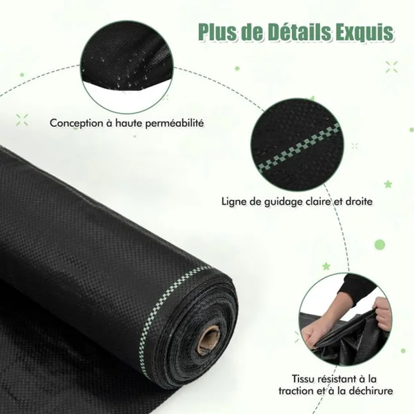 Toile de Paillage Contre les Mauvais Herbes 2Mx25M Tapis en Tissu Anti-mauvaises Herbes en PP avec Ligne de Guidage Claire et Droite Noir