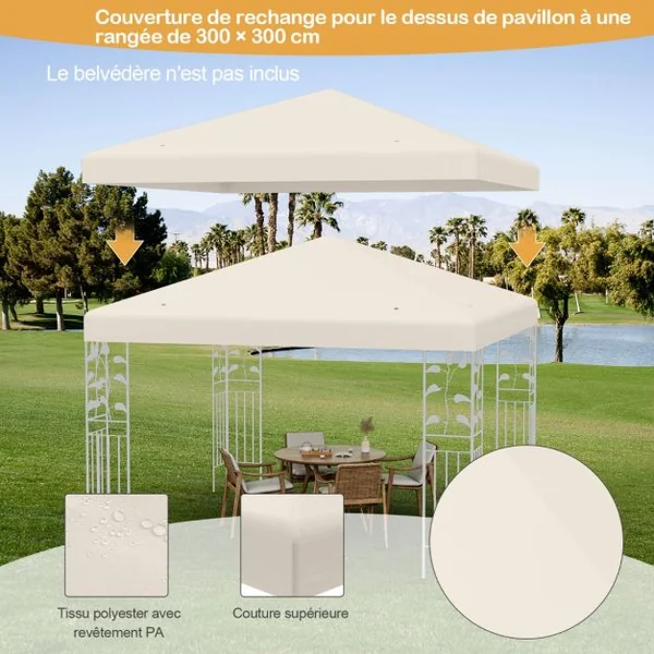 Toile de Tonnelle 300cm x 300cm Toile d'Ombrage en Polyester Pare-soleil avec Attaches Auto-agrippantes Beige/Vert Foncé/Vin Rouge