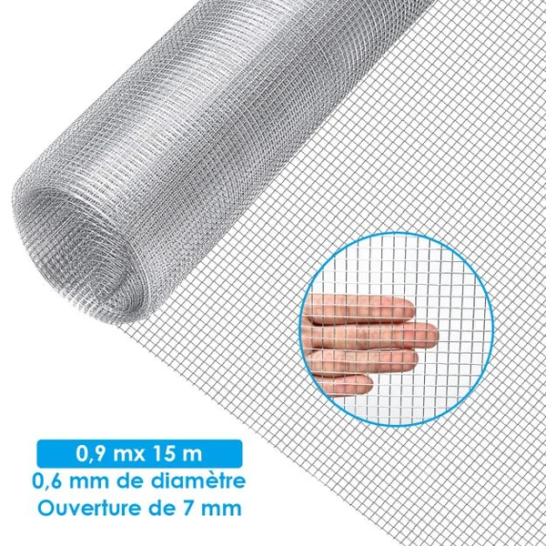 Toile Métallique de 0,9m x 15m Grillage Métallique pour Enclos de Poulets de Calibre 23 Grillage pour Cage avec Ouvertures de 7mm x 7mm