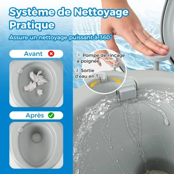 Toilette Portable avec Réservoir d'Eaux Usées Détachable de 20 L Toilette Mobile avec Siège Étanche Pompe de Chasse Toilette de Camping Gris