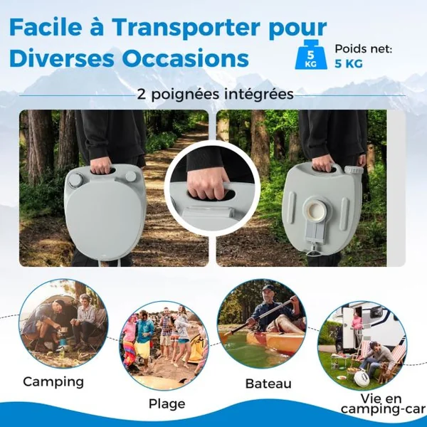 Toilette Portable avec Réservoir d'Eaux Usées Détachable de 20 L Toilette Mobile avec Siège Étanche Pompe de Chasse Toilette de Camping Gris
