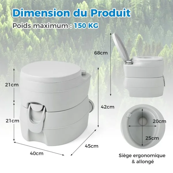 Toilette Portable avec Réservoir d'Eaux Usées Détachable de 20 L Toilette Mobile avec Siège Étanche Pompe de Chasse Toilette de Camping Gris