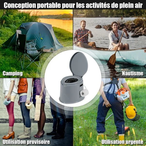 Toilette Portable pour Camping Extérieure avec Seau Intérieur 5L en PP Charge 200KG et Porte-papier de Toilette Amovible
