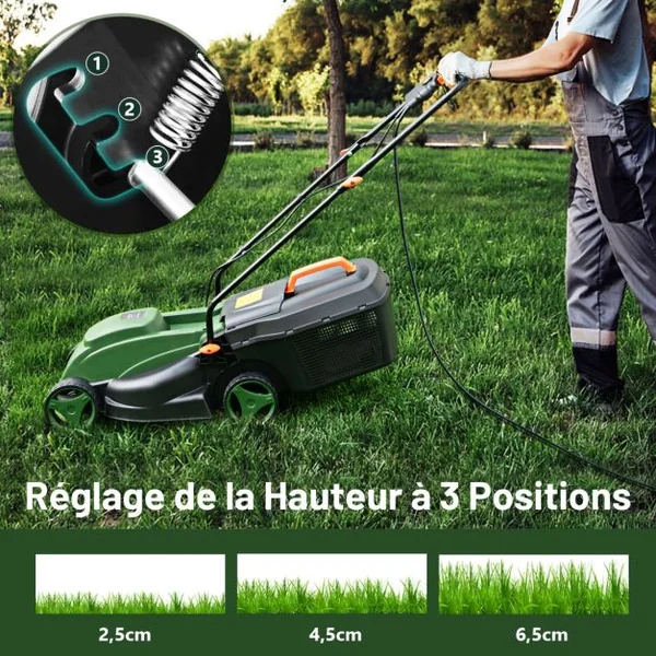 Tondeuse à Gazon Électrique Filaire 1200 W 3450 TR/Min Boîte de Collecte 25 L 3 Hauteur Réglables 25-65 MM Largeur de Coupe 32 CM Vert