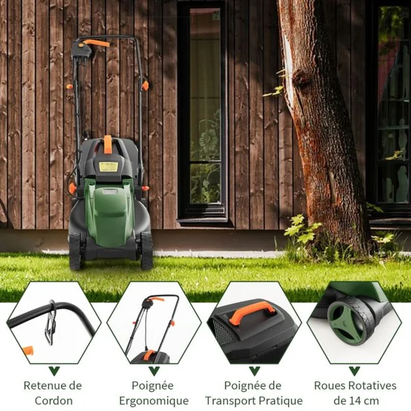 Tondeuse à Gazon Électrique Filaire 1200 W 3450 TR/Min Boîte de Collecte 25 L 3 Hauteur Réglables 25-65 MM Largeur de Coupe 32 CM Vert