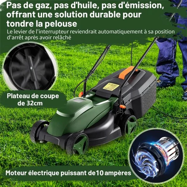 Tondeuse à Gazon Électrique Filaire 1200 W 3450 TR/Min Boîte de Collecte 25 L 3 Hauteur Réglables 25-65 MM Largeur de Coupe 32 CM Vert
