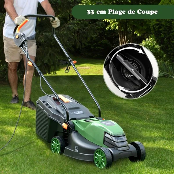 Tondeuse à Gazon Électrique Filaire 1500 W 4015 TR/Min Boîte de Collecte 35 L 3 Hauteur Réglables 25-65 MM Largeur de Coupe 34 CM Vert