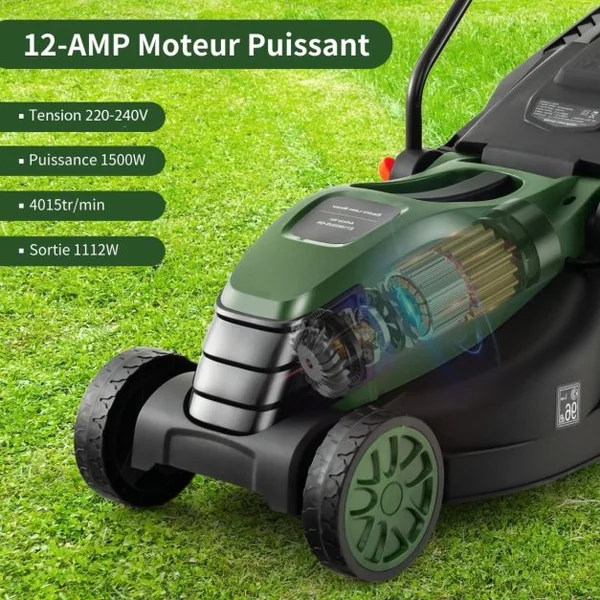Tondeuse à Gazon Électrique Filaire 1500 W 4015 TR/Min Boîte de Collecte 35 L 3 Hauteur Réglables 25-65 MM Largeur de Coupe 34 CM Vert