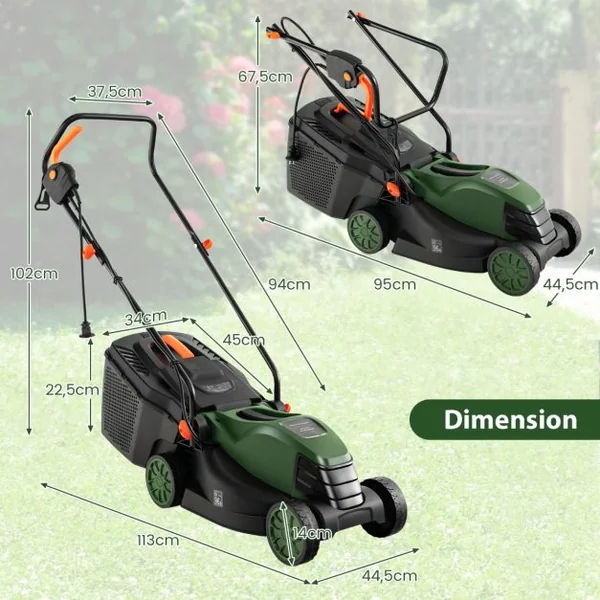 Tondeuse à Gazon Électrique Filaire 1500 W 4015 TR/Min Boîte de Collecte 35 L 3 Hauteur Réglables 25-65 MM Largeur de Coupe 34 CM Vert