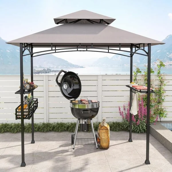Tonnelle Barbecue Exterieur Auvent Abri Barbecue 2 Tablettes de Service Toit Ventilé Grand Panier Crochets Ouvre-Bouteille Gris