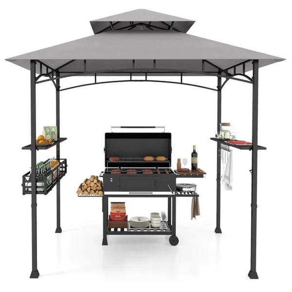 Tonnelle Barbecue Exterieur Auvent Abri Barbecue 2 Tablettes de Service Toit Ventilé Grand Panier Crochets Ouvre-Bouteille Gris