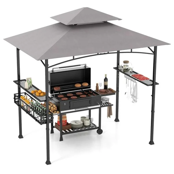 Tonnelle Barbecue Exterieur Auvent Abri Barbecue 2 Tablettes de Service Toit Ventilé Grand Panier Crochets Ouvre-Bouteille Gris