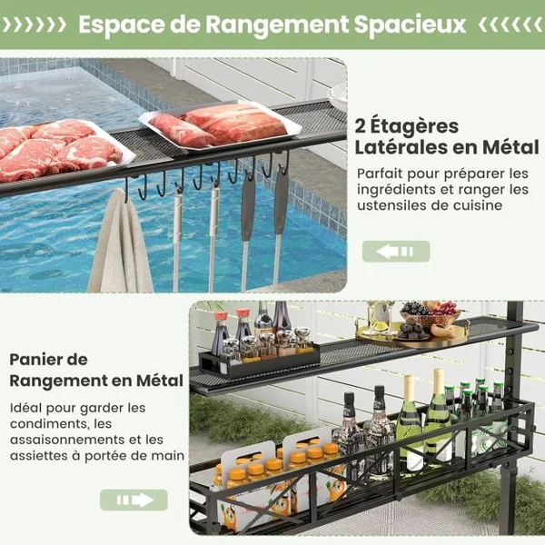 Tonnelle Barbecue Exterieur Auvent Abri Barbecue 2 Tablettes de Service Toit Ventilé Grand Panier Crochets Ouvre-Bouteille Gris