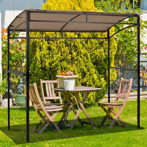 Tonnelle Barbecue Exterieur de 216 cm Cadre en Métal Imperméable Abri Barbecue avec Étagère de Service et Crochets de Rangement Belvédère pour Jardin Cour Marron