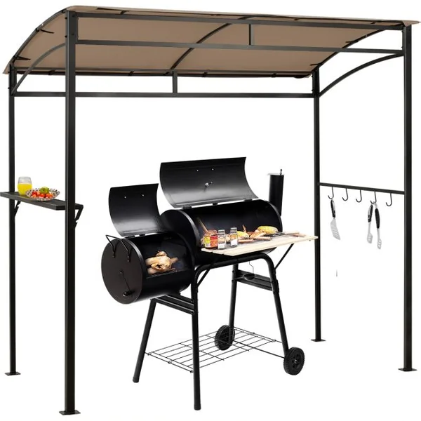 Tonnelle Barbecue Exterieur de 216 cm Cadre en Métal Imperméable Abri Barbecue avec Étagère de Service et Crochets de Rangement Belvédère pour Jardin Cour Marron