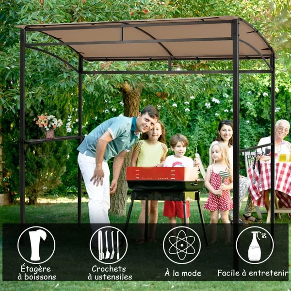 Tonnelle Barbecue Exterieur de 216 cm Cadre en Métal Imperméable Abri Barbecue avec Étagère de Service et Crochets de Rangement Belvédère pour Jardin Cour Marron