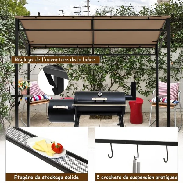 Tonnelle Barbecue Exterieur de 216 cm Cadre en Métal Imperméable Abri Barbecue avec Étagère de Service et Crochets de Rangement Belvédère pour Jardin Cour Marron