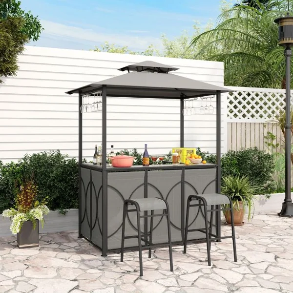 Tonnelle de Barbecue 3 Pcs avec 2 Tabourets de Bar Abri Barbecue avec Plateau en Verre Trempé Étagères en Métal 194x121x242cm Marron