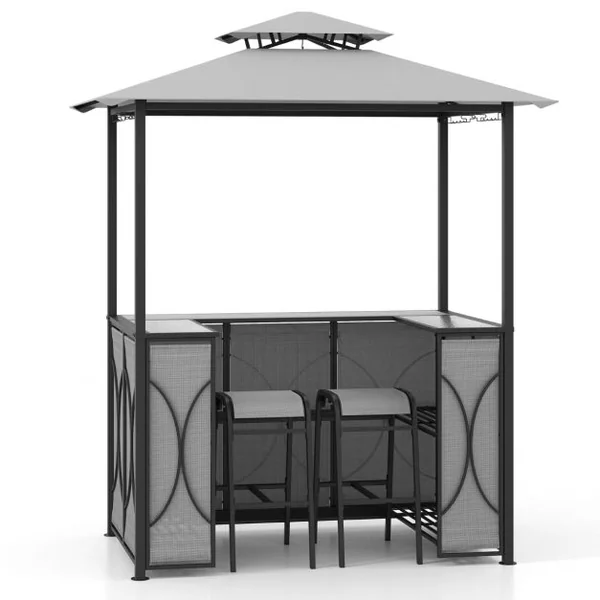 Tonnelle de Barbecue 3 Pcs avec 2 Tabourets de Bar Abri Barbecue avec Plateau en Verre Trempé Étagères en Métal 194x121x242cm Marron