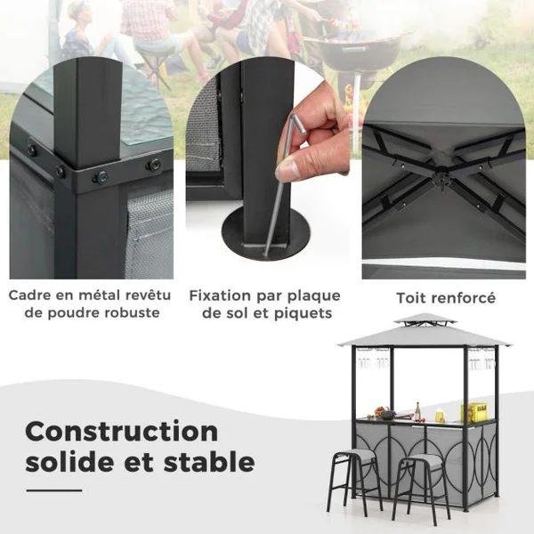 Tonnelle de Barbecue 3 Pcs avec 2 Tabourets de Bar Abri Barbecue avec Plateau en Verre Trempé Étagères en Métal 194x121x242cm Marron