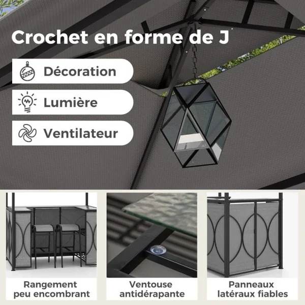 Tonnelle de Barbecue 3 Pcs avec 2 Tabourets de Bar Abri Barbecue avec Plateau en Verre Trempé Étagères en Métal 194x121x242cm Marron