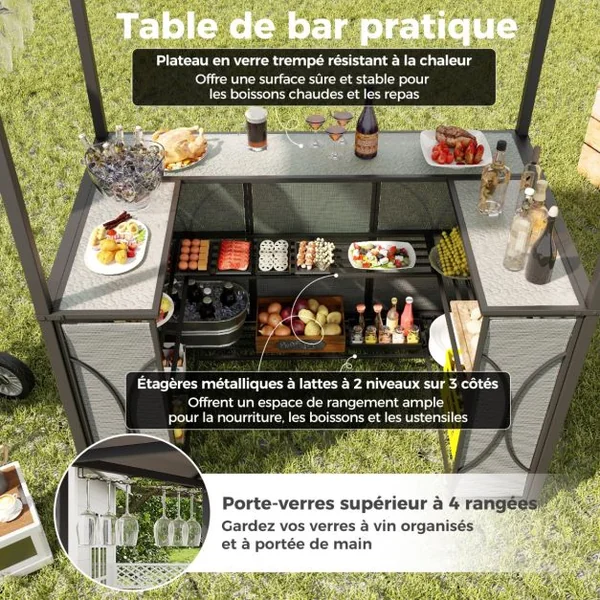 Tonnelle de Barbecue 3 Pcs avec 2 Tabourets de Bar Abri Barbecue avec Plateau en Verre Trempé Étagères en Métal 194x121x242cm Marron