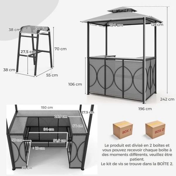 Tonnelle de Barbecue 3 Pcs avec 2 Tabourets de Bar Abri Barbecue avec Plateau en Verre Trempé Étagères en Métal 194x121x242cm Marron