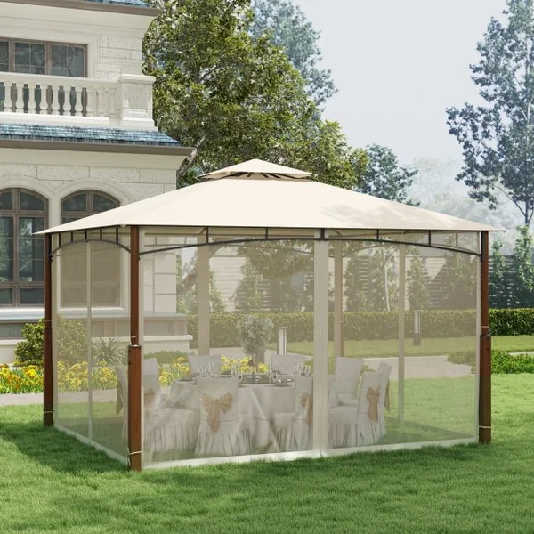 Tonnelle de Jardin 360 x 300 CM avec Moustiquaire Pavillon de Patio Extérieur avec Toit à 2 Niveaux Cadre Métallique Beige