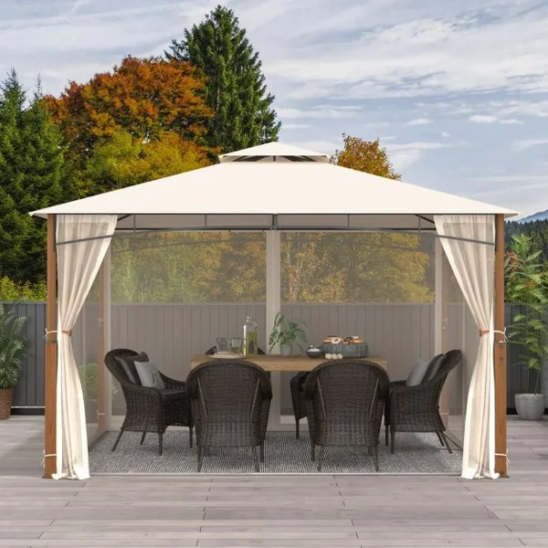 Tonnelle de Jardin 360 x 300 CM avec Moustiquaire Pavillon de Patio Extérieur avec Toit à 2 Niveaux Cadre Métallique Beige