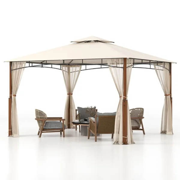 Tonnelle de Jardin 360 x 300 CM avec Moustiquaire Pavillon de Patio Extérieur avec Toit à 2 Niveaux Cadre Métallique Beige
