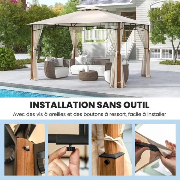 Tonnelle de Jardin 360 x 300 CM avec Moustiquaire Pavillon de Patio Extérieur avec Toit à 2 Niveaux Cadre Métallique Beige