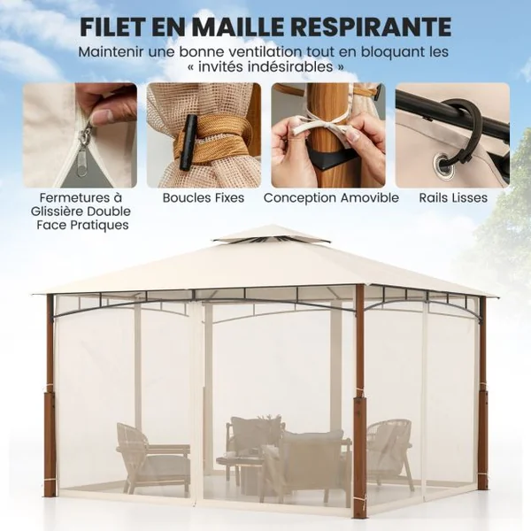 Tonnelle de Jardin 360 x 300 CM avec Moustiquaire Pavillon de Patio Extérieur avec Toit à 2 Niveaux Cadre Métallique Beige