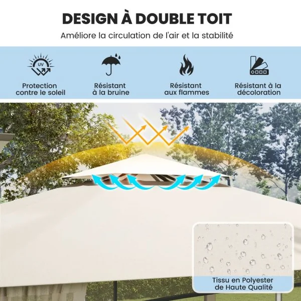 Tonnelle de Jardin 360 x 300 CM avec Moustiquaire Pavillon de Patio Extérieur avec Toit à 2 Niveaux Cadre Métallique Beige