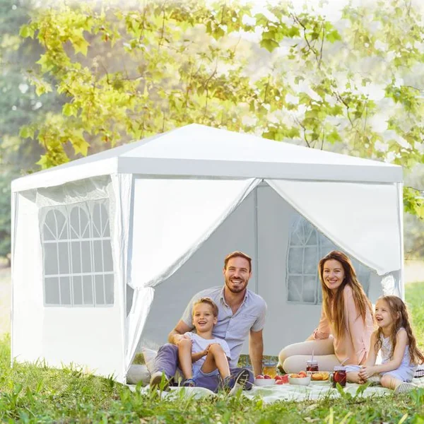 Tonnelle de Jardin 3x3M Tente de Reception avec 4 Bâches Amovibles et Fenêtres Transparentes Tubes Métalliques Barnum pour Fête Mariage BBQ