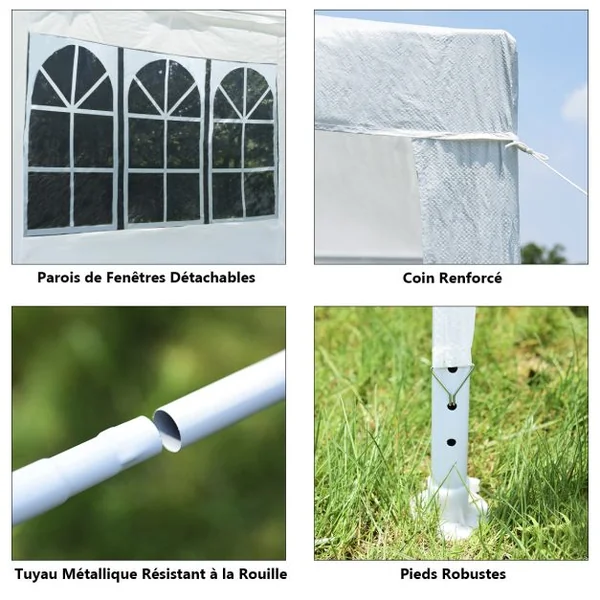 Tonnelle de Jardin 3x3M Tente de Reception avec 4 Bâches Amovibles et Fenêtres Transparentes Tubes Métalliques Barnum pour Fête Mariage BBQ