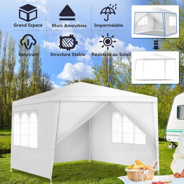 Tonnelle de Jardin 3x3M Tente de Reception avec 4 Bâches Amovibles et Fenêtres Transparentes Tubes Métalliques Barnum pour Fête Mariage BBQ