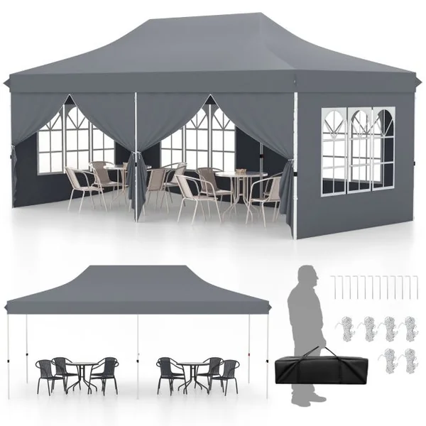 Tonnelle de Jardin 3x6M avec 6 Parois Latérales Amovibles Tente de Reception Escamotable avec Sac de Transport Protection Solaire Blanc/Gris/Noir