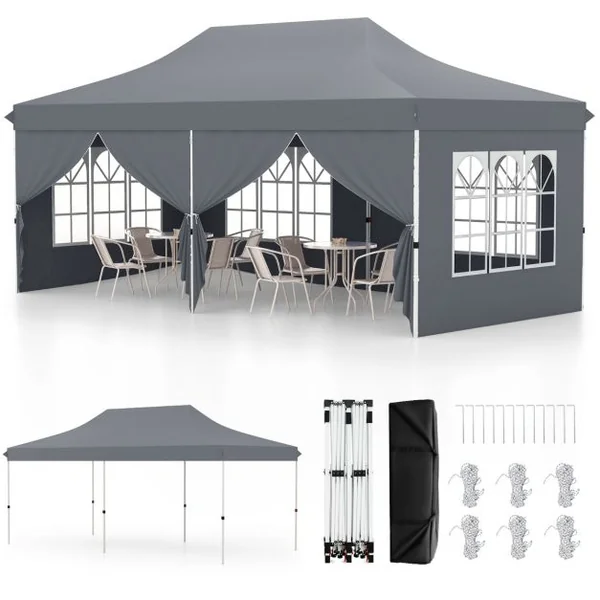 Tonnelle de Jardin 3x6M avec 6 Parois Latérales Amovibles Tente de Reception Escamotable avec Sac de Transport Protection Solaire Blanc/Gris/Noir