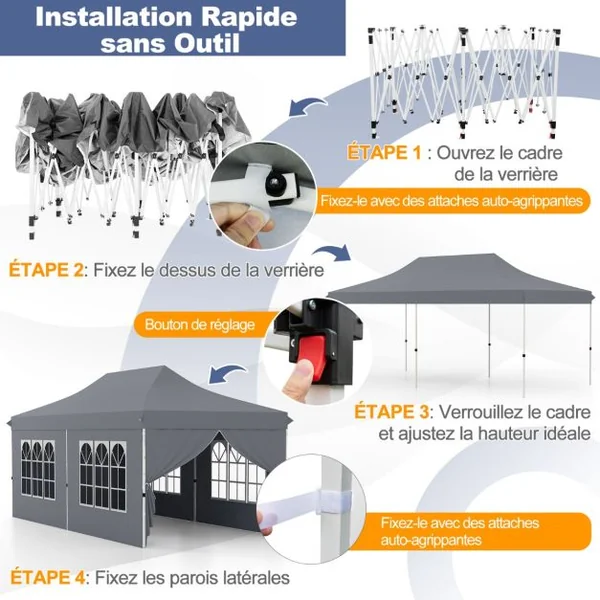 Tonnelle de Jardin 3x6M avec 6 Parois Latérales Amovibles Tente de Reception Escamotable avec Sac de Transport Protection Solaire Blanc/Gris/Noir