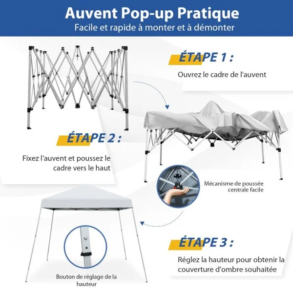 Tonnelle de Jardin Barnum Instantanée 3x3m 3 Hauteurs Réglable Sac avec Sangles Anti-UV Imperméable pour Marché Camping Blanc