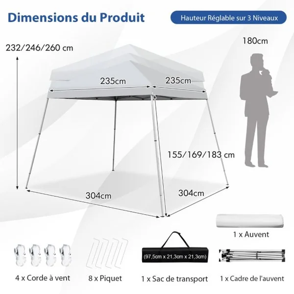 Tonnelle de Jardin Barnum Instantanée 3x3m 3 Hauteurs Réglable Sac avec Sangles Anti-UV Imperméable pour Marché Camping Blanc
