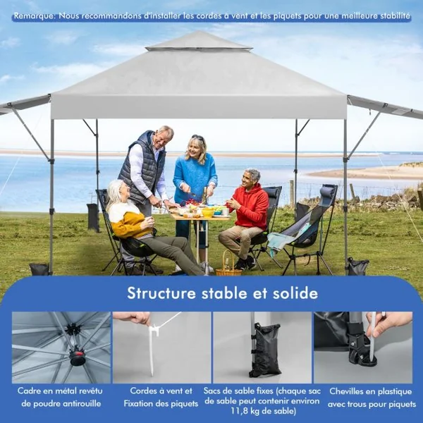 Tonnelle de Jardin Barnum Instantanée 3x3m avec Double Auvents 1,25x3cm Imperméable Sac à Roulettes Hauteurs Réglable Bleu/Blanc